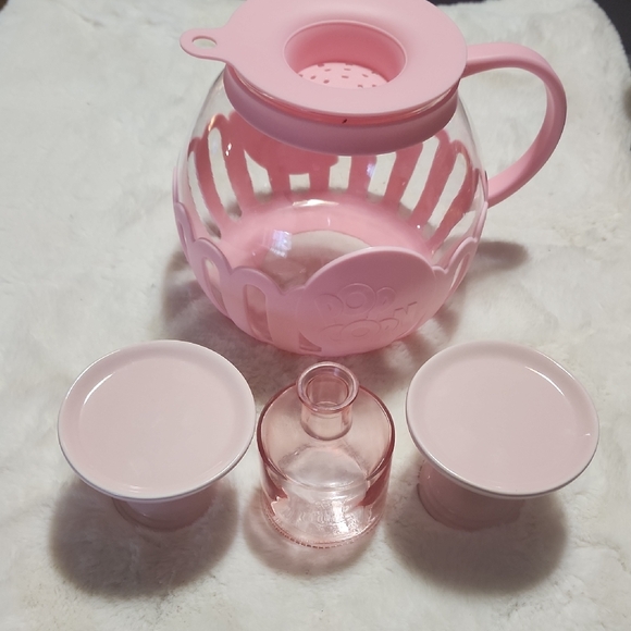 The Spring Shop Other - Pop Corn  Pot With Handle And Strainer & Candle Holders, Pink Glass Bottle.